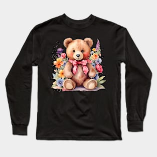 A teddy bear decorated with beautiful watercolor flowers Long Sleeve T-Shirt